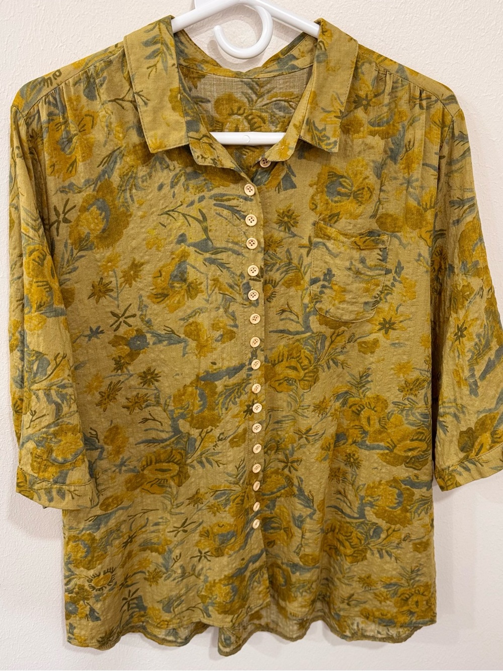 Teacher Core Botanical Tunic XL Mustard Sage Rayon Button Front